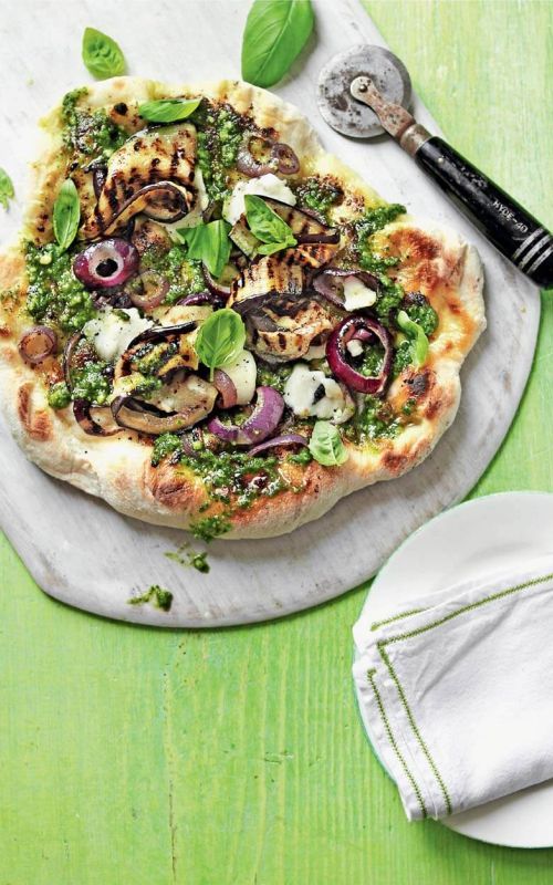 pesto pizza with aubergine and goats cheeseJuly 14Pizza on the BBQ